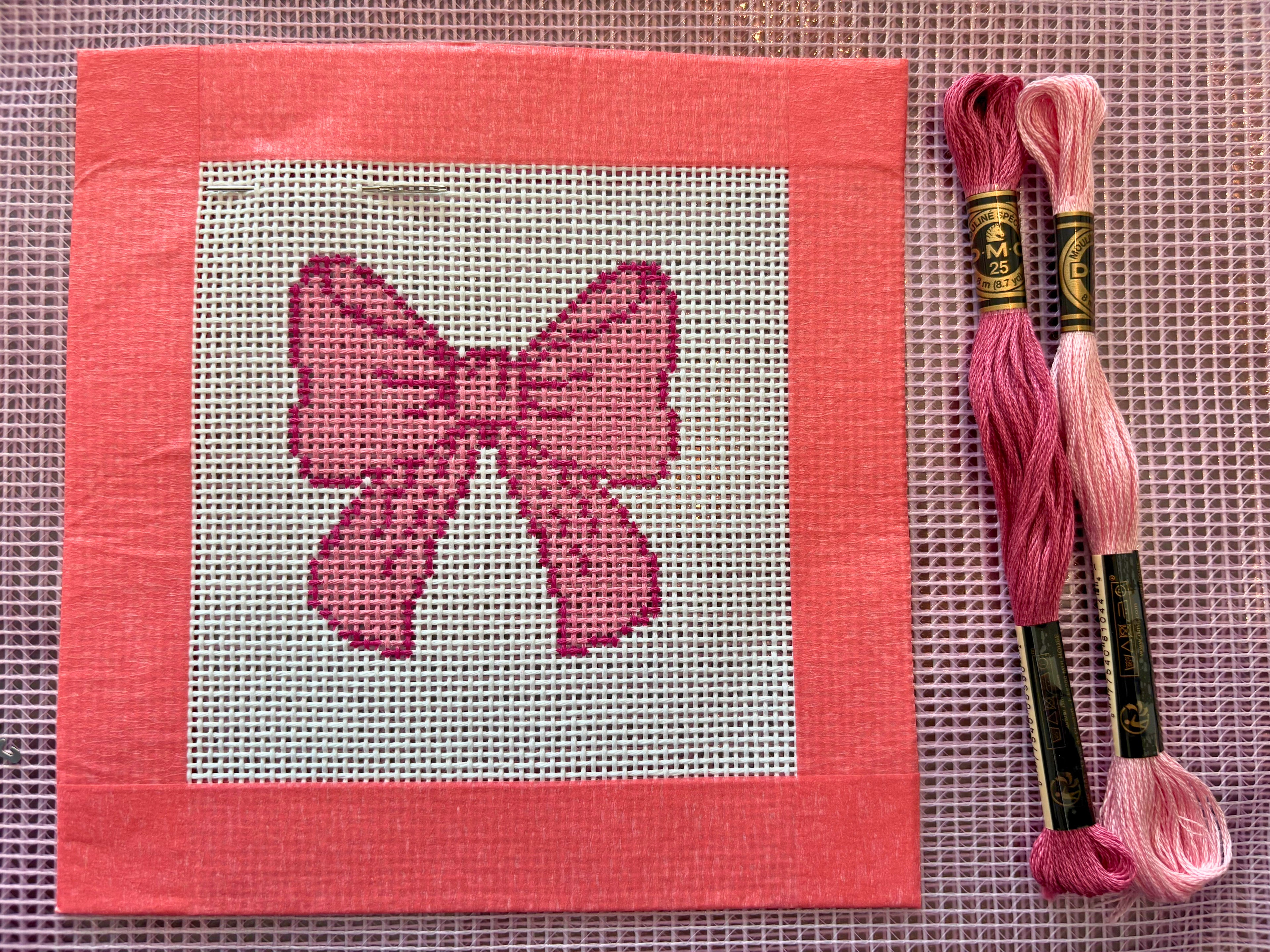 EASY BEGINNER Needlepoint Kit Pink Bow - 13 mesh