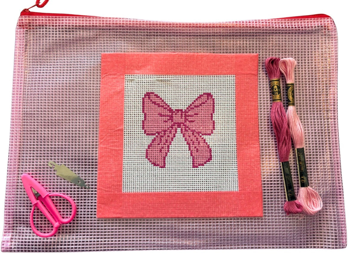 EASY BEGINNER Needlepoint Kit Pink Bow - 13 mesh